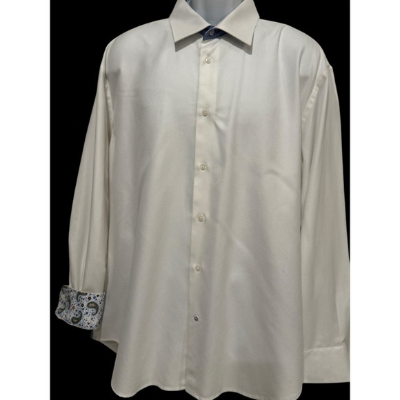 Robert‎ Graham Shirt Button XXL White Herringbone Paisley Blue Contrast Cuff - Picture 2 of 12